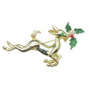 Vintage Gold Tone Reindeer Brooch With Holly & Rhinestone Accents